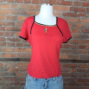 Lilly's Athletic Top Red Black & Gold Piping Short Sleeves Size M